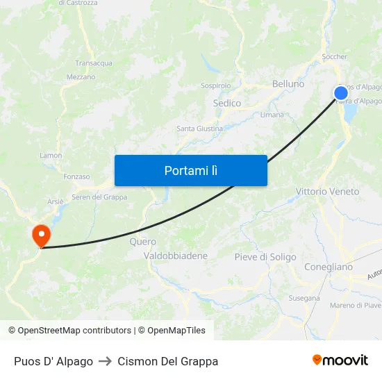 Puos D' Alpago to Cismon Del Grappa map
