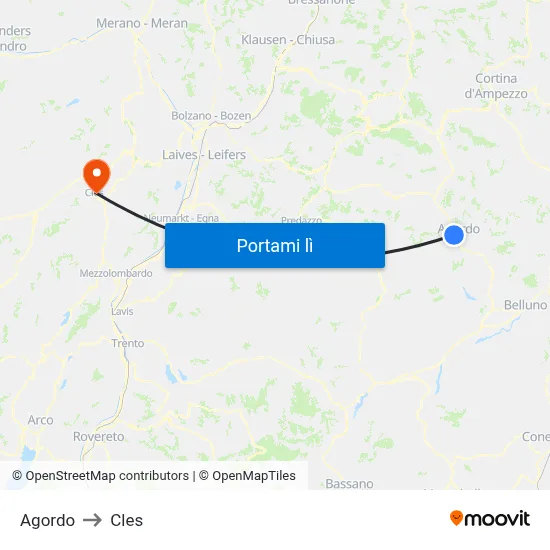 Agordo to Cles map