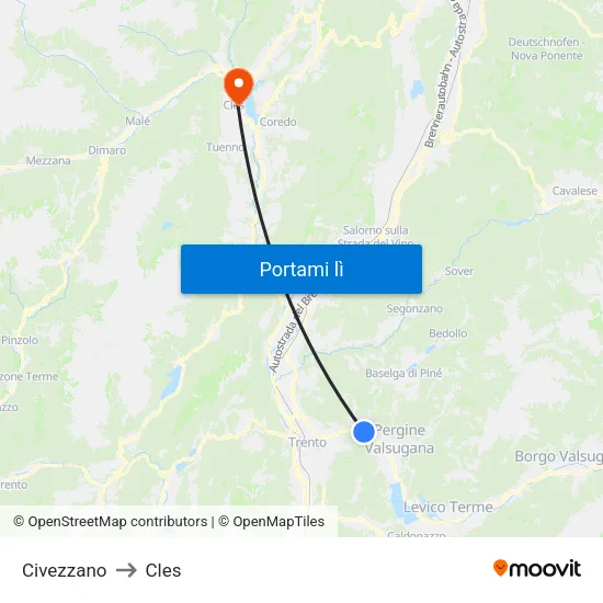 Civezzano to Cles map