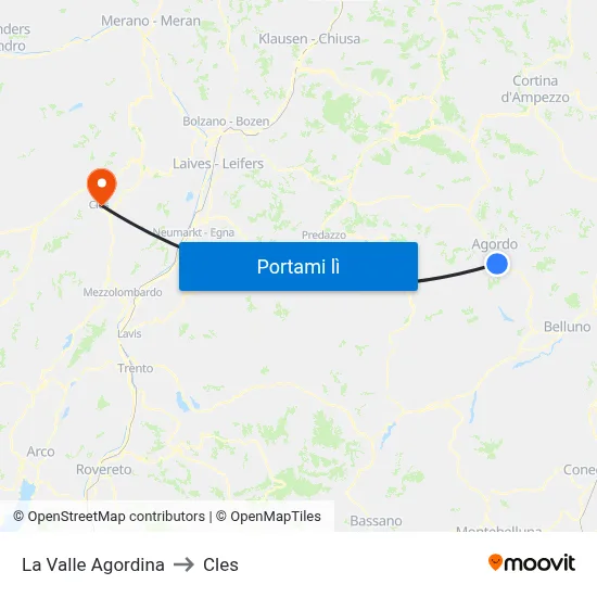 La Valle Agordina to Cles map