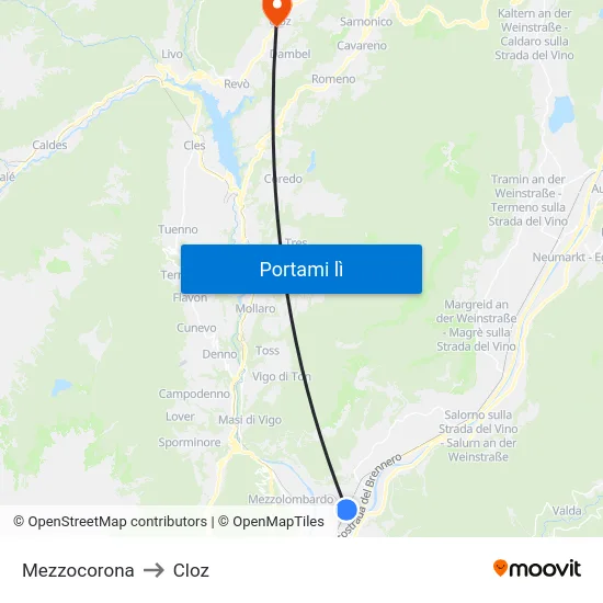 Mezzocorona to Cloz map