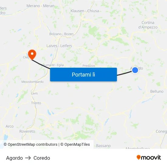 Agordo to Coredo map