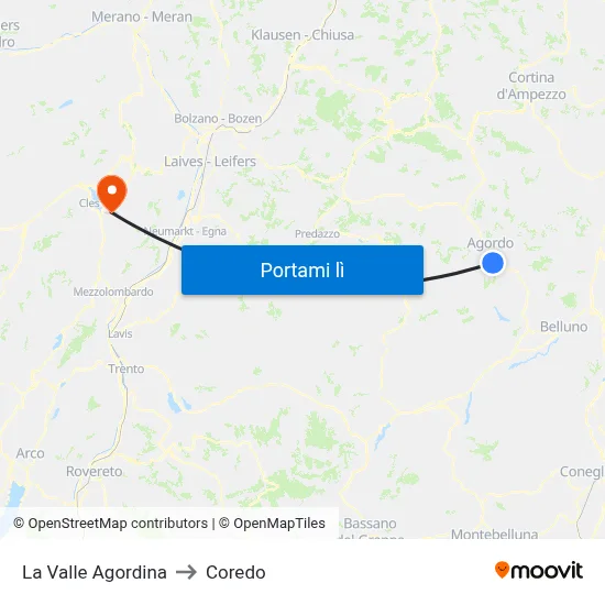 La Valle Agordina to Coredo map