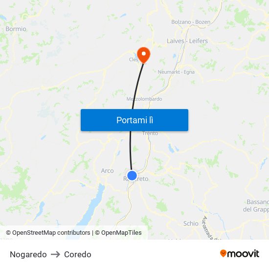 Nogaredo to Coredo map