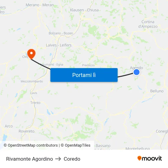 Rivamonte Agordino to Coredo map
