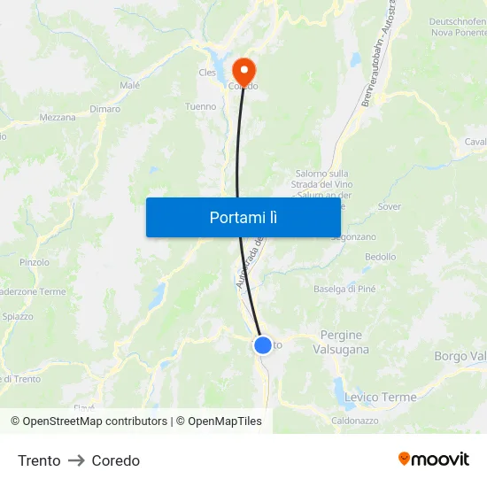 Trento to Coredo map