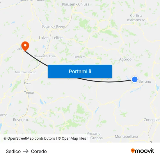 Sedico to Coredo map