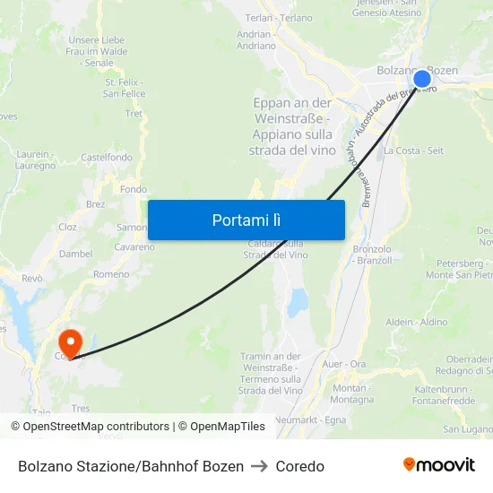 Bolzano Stazione/Bahnhof Bozen to Coredo map