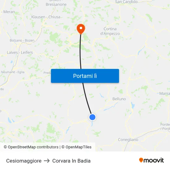 Cesiomaggiore to Corvara In Badia map