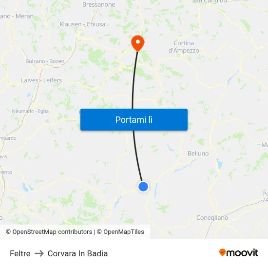 Feltre to Corvara In Badia map