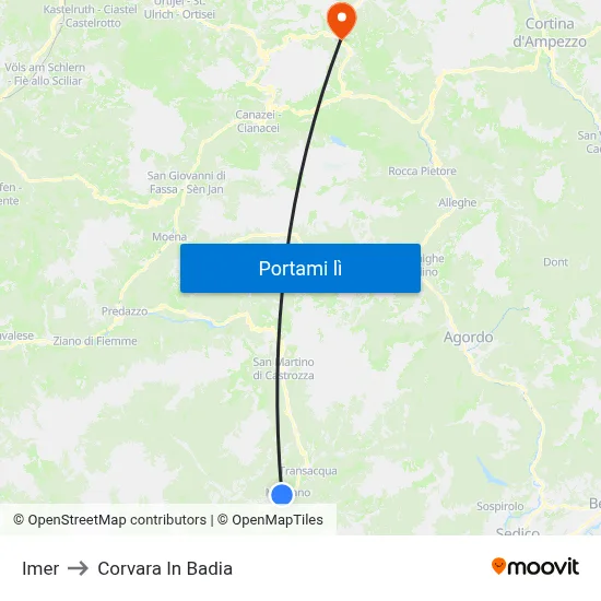 Imer to Corvara In Badia map
