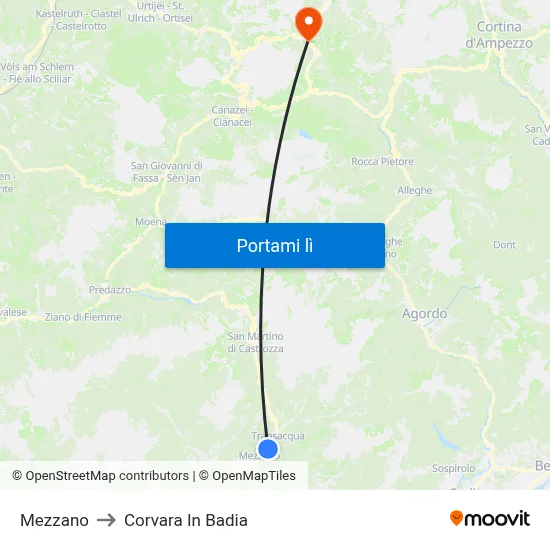 Mezzano to Corvara In Badia map