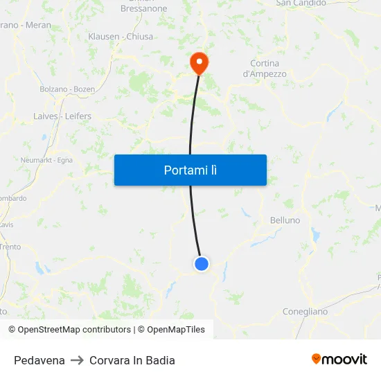 Pedavena to Corvara In Badia map