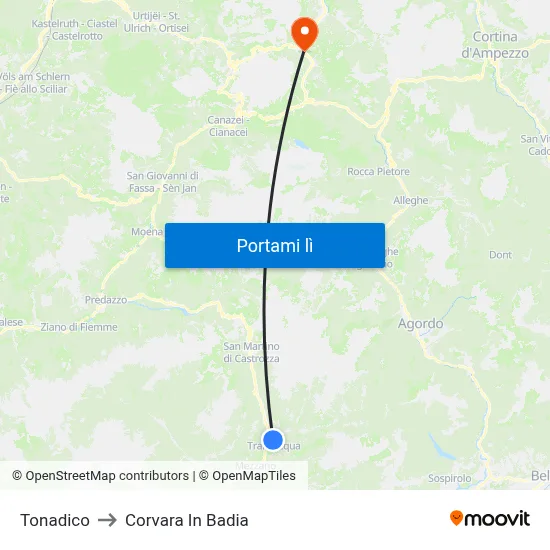 Tonadico to Corvara In Badia map
