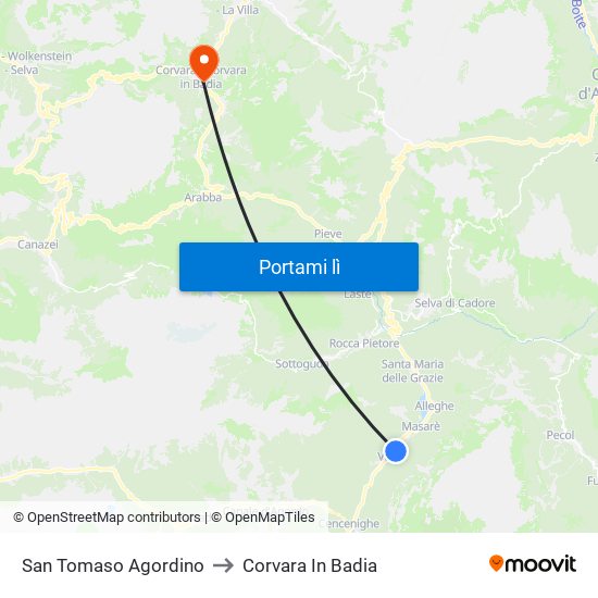 San Tomaso Agordino to Corvara In Badia map