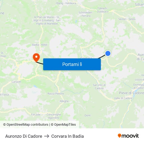 Auronzo Di Cadore to Corvara In Badia map