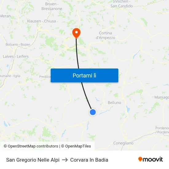 San Gregorio Nelle Alpi to Corvara In Badia map