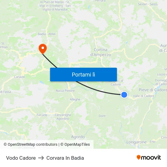 Vodo Cadore to Corvara In Badia map