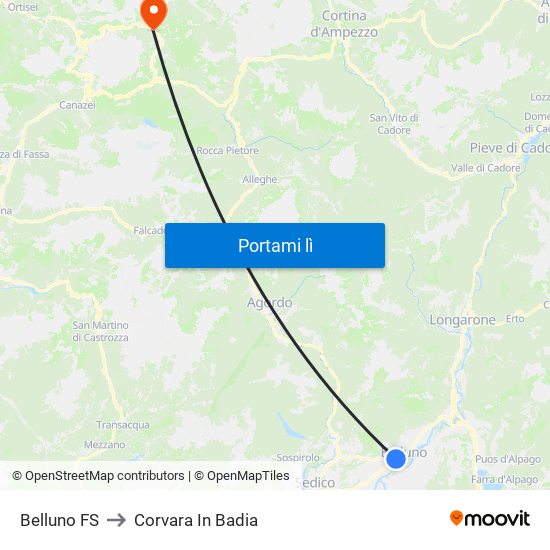 Belluno FS to Corvara In Badia map