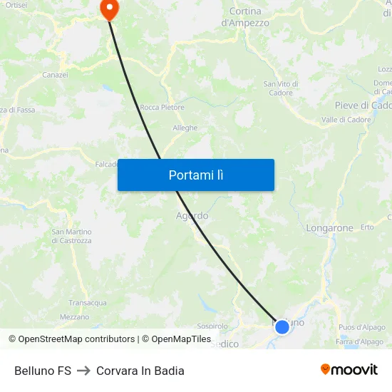 Belluno FS to Corvara In Badia map