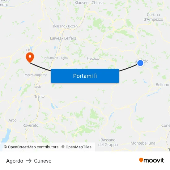 Agordo to Cunevo map