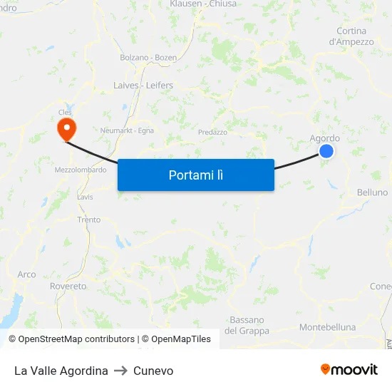 La Valle Agordina to Cunevo map