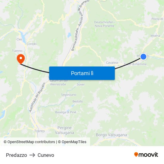 Predazzo to Cunevo map