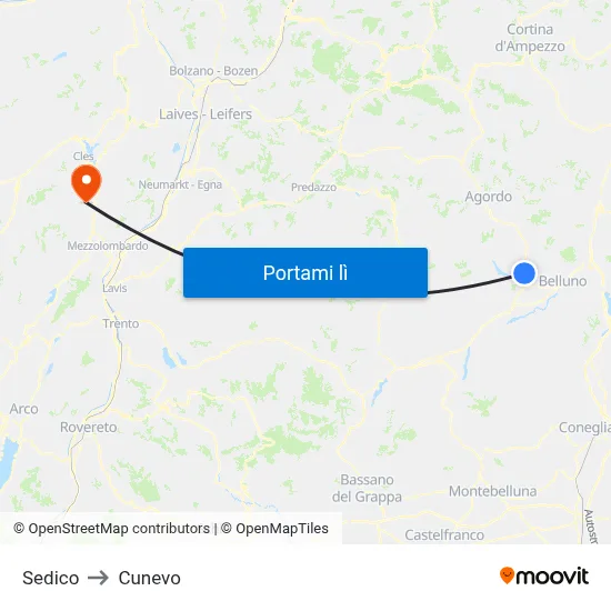 Sedico to Cunevo map