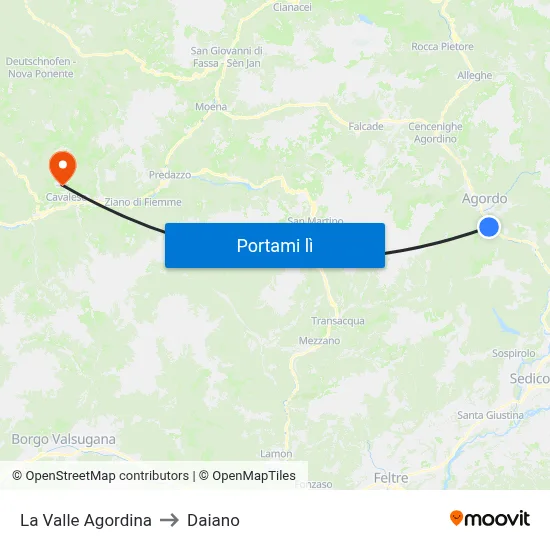 La Valle Agordina to Daiano map
