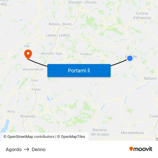 Agordo to Denno map