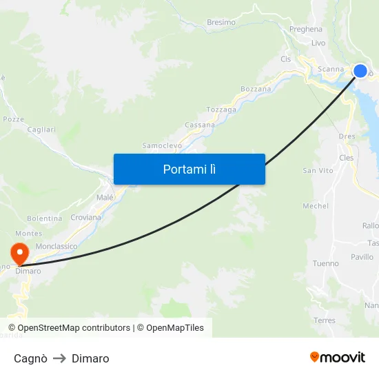Cagnò to Dimaro map