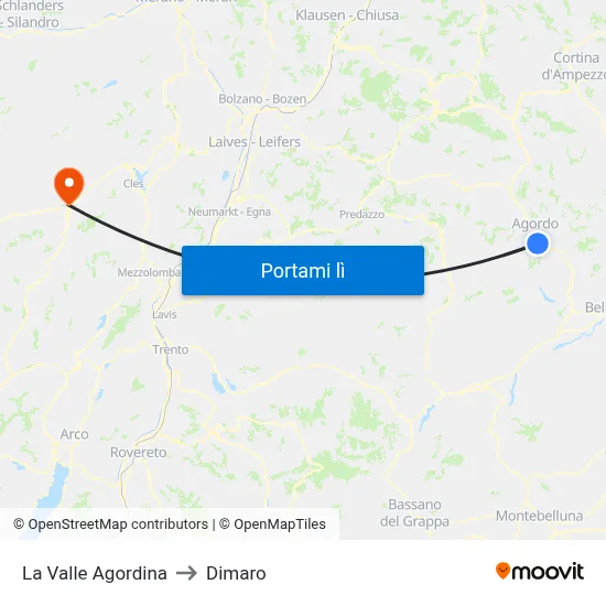La Valle Agordina to Dimaro map