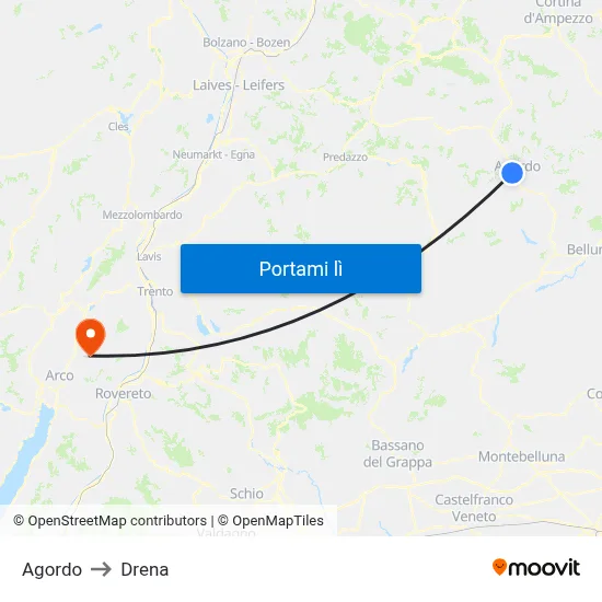 Agordo to Drena map