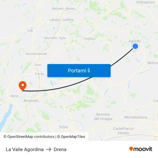 La Valle Agordina to Drena map