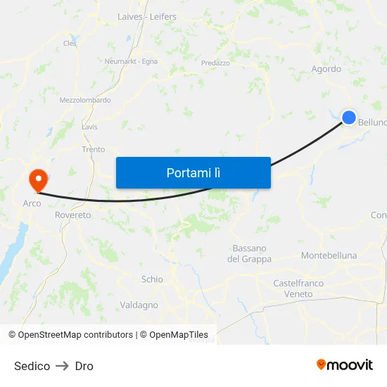 Sedico to Dro map