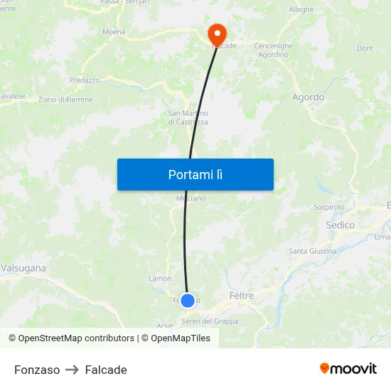 Fonzaso to Falcade map