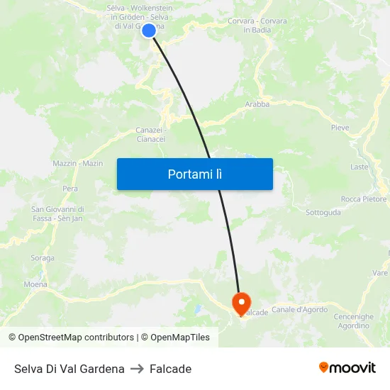 Selva Di Val Gardena to Falcade map
