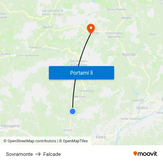 Sovramonte to Falcade map