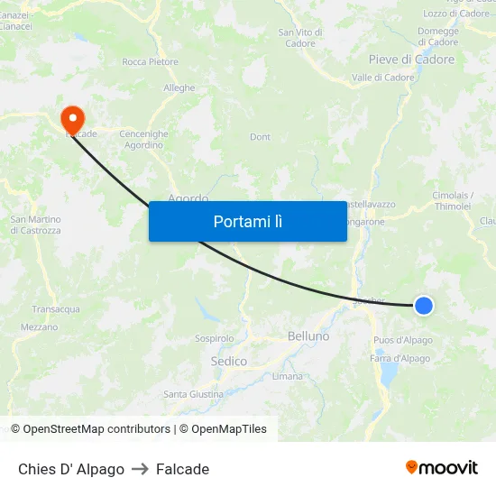 Chies D' Alpago to Falcade map