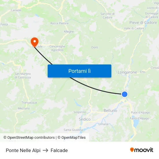 Ponte Nelle Alpi to Falcade map
