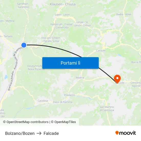 Bolzano/Bozen to Falcade map