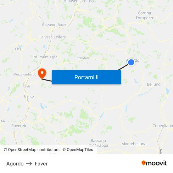 Agordo to Faver map