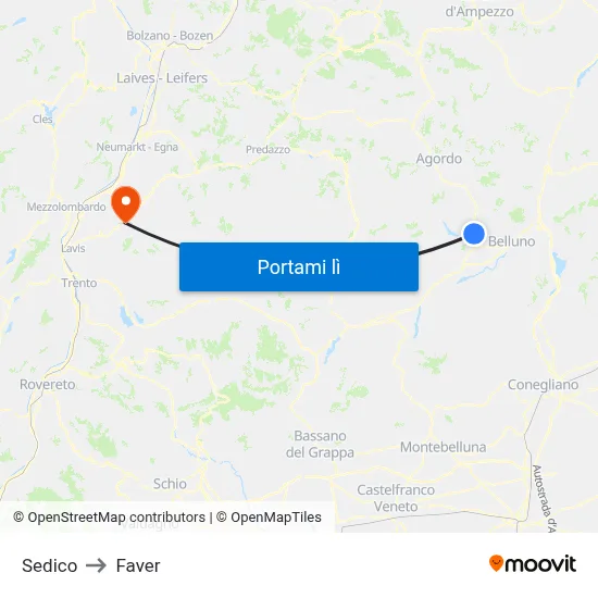 Sedico to Faver map