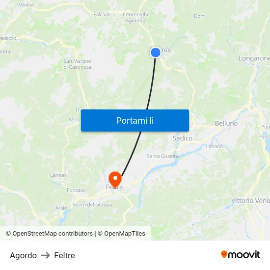 Agordo to Feltre map