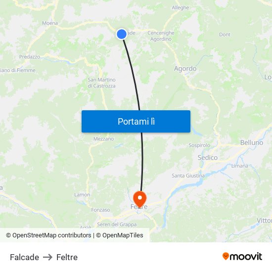 Falcade to Feltre map