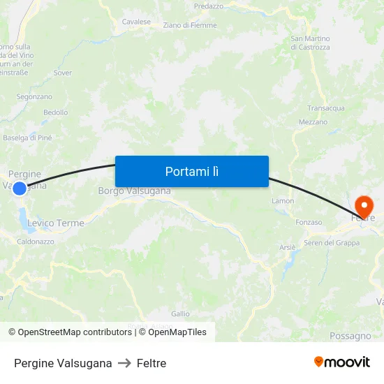 Pergine Valsugana to Feltre map