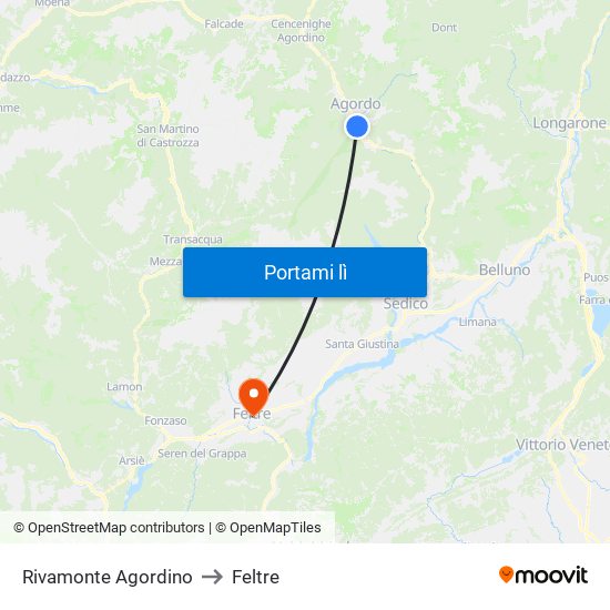Rivamonte Agordino to Feltre map