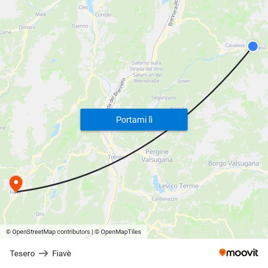 Tesero to Fiavè map