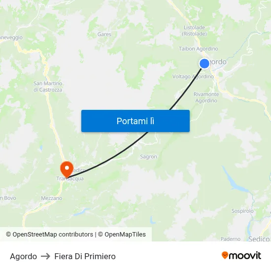 Agordo to Fiera Di Primiero map