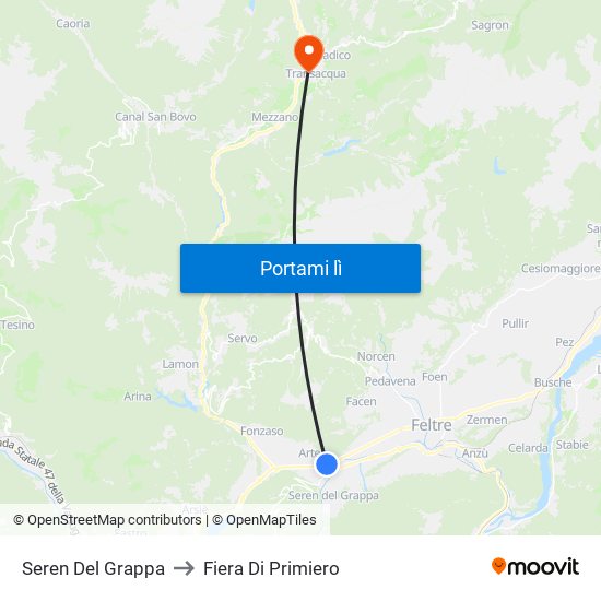 Seren Del Grappa to Fiera Di Primiero map